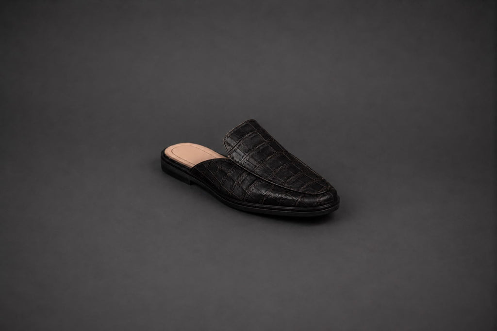 “Obsidian” Koyu Mavi Croco Mule Terlik
