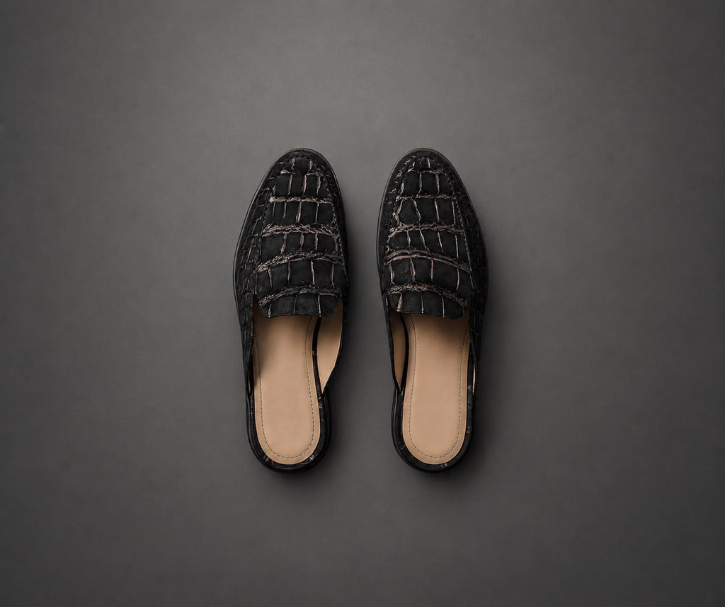 “Obsidian” Koyu Mavi Croco Mule Terlik