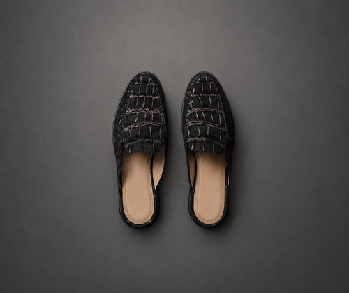 “Obsidian” Koyu Mavi Croco Mule Terlik